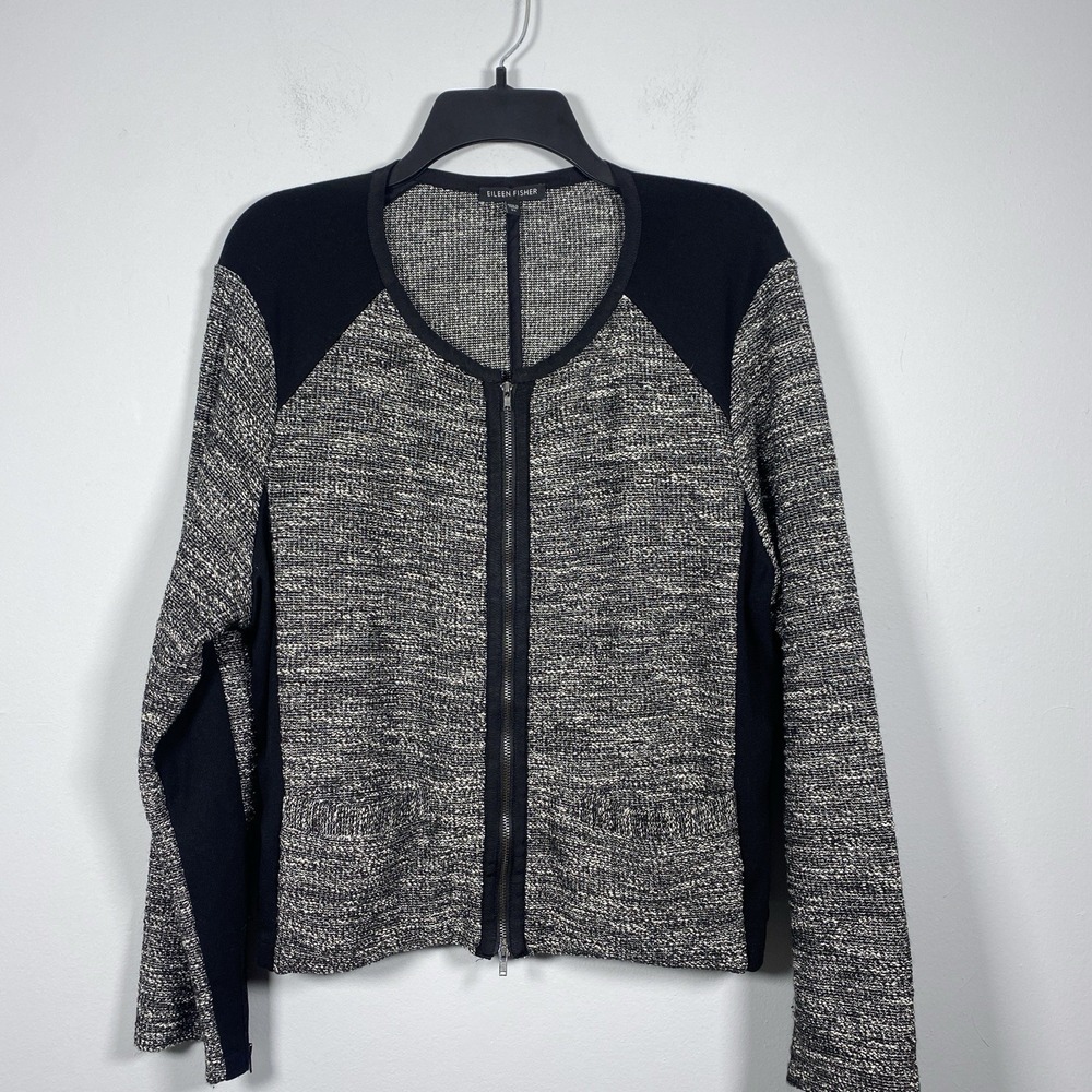 Eileen Fisher Black Gray Tweed Classic Full Zip Jacket Women's XL Office Career